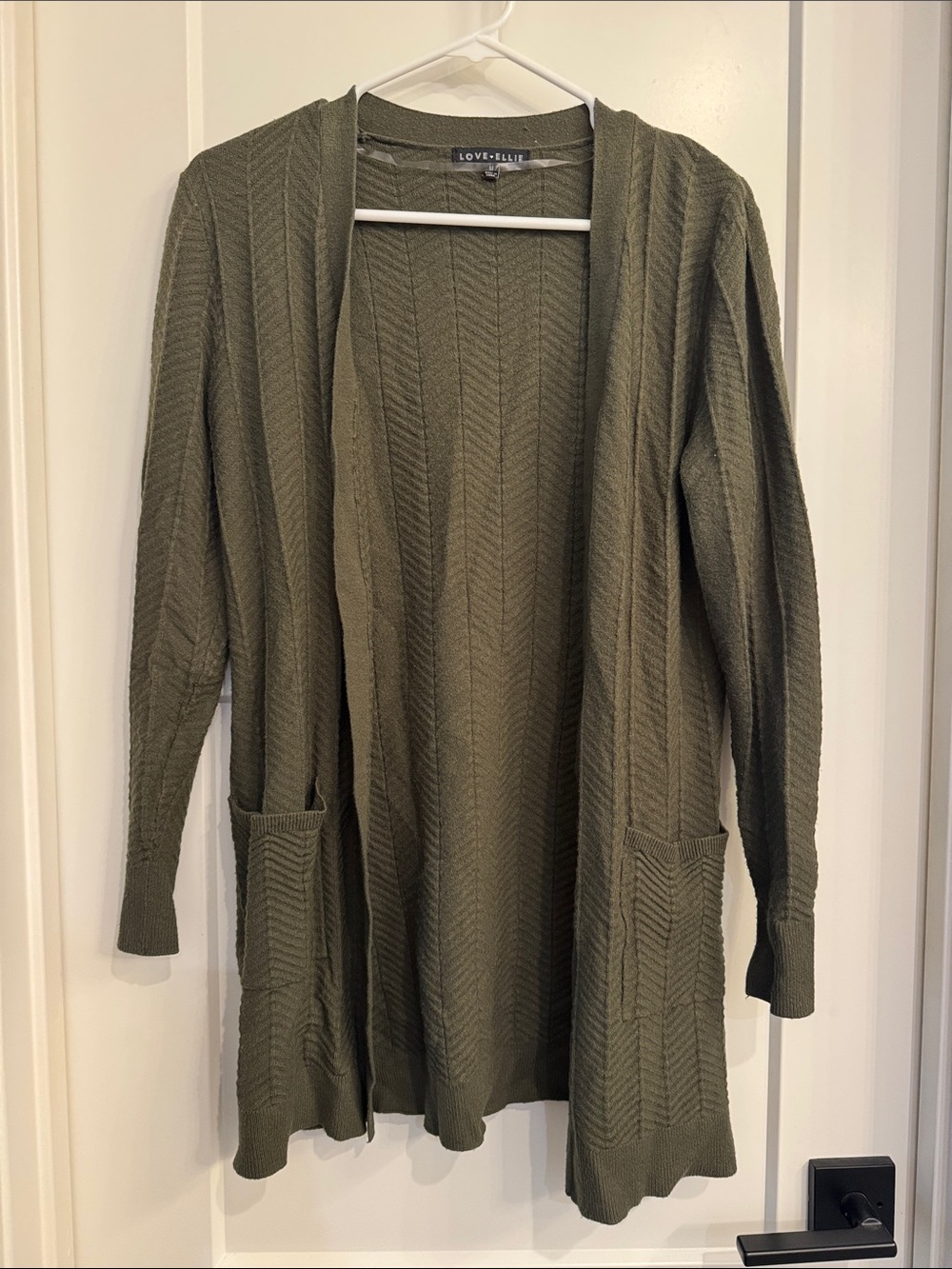 Love + Elle Olive Green Open Cardigan with Front Pockets